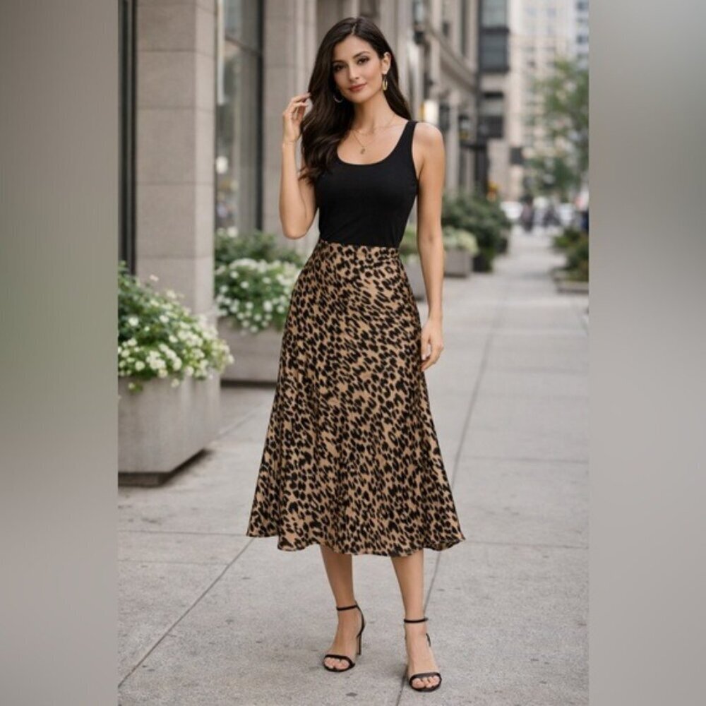 Sienna Sky Satin Leopard Print Midi Skirt Animal Print Medium
